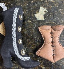 2 Vtg Christmas Ornaments Handmade Fabric Corset & Old Fashion Cameo Boot picture
