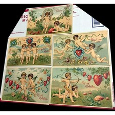 5 original antique c 1900s Color Lithographed Postcards - Valentines Day Cherubs picture