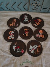 HTF Vintage 1940s Hand Painted Wood Cartoon Dog Coasters Set of 8 Puppy Exc.Con. picture