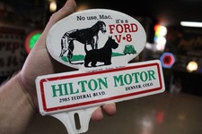 RARE 1936 FORD V8 HILTON MOTOR DENVER STAMPED PAINTED METAL TOPPER SIGN GAS CO picture