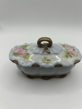 Antique Vintage Handpainted Porcelain Trinket Box W Lid Unmarked Floral Pattern picture