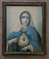 Antique Immaculate Heart of Mary Lithograph Ornate Gesso Wood Framed Religious picture