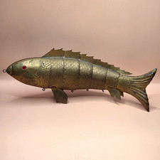 Antique Indian Brass Medina Fish Articulated Red Eyes Folk Art c1900 picture