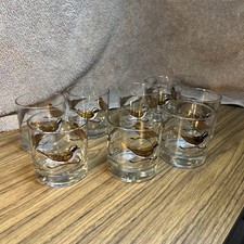 RARE Mid Century Couroc Running Sand Piper Bird Rocks Glass Set Of 8 picture