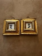 Antique Pair Hollow Cut Silhouettes Man Woman Gilt Frames c.1820 Folk Art 4”x4” picture