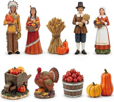 9 Pcs Thanksgiving Pilgrim Figurines Autumn Wooden Village Decor picture