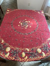 French Provincial Round Tablecloth Burgundy Olive Branches And Mum Flowers picture