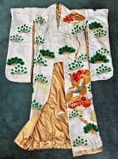 Japanese Vintage Handmade Kimono With Embroidered Gold Cranes picture