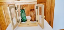 Two Vintage Victory Glass Owls, with a mini display cabinet picture