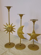 Set 3 Vintage Celestial Metal Taper Candle Holders Star Moon Sun Boho Astrology picture
