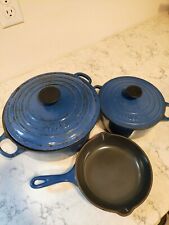 Le Creuset Blue Enameled Cast Iron Set of (5) 2 Dutch Ovens, 2 Lids, 1 Sauce Pan picture