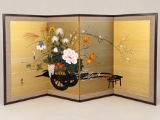 Vintage Japanese Byobu 4 Panel Folding Screen Gold Flower Cart Hanaguruma 36x70 picture