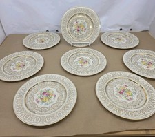 Bern Lan Set of 8 Fine China Gold Plates with Tan and Floral Center 10 5/8