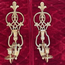 Vintage Pair of Solid Brass Art Style Fleur de lis Wall Candle Sconces 15 1/2