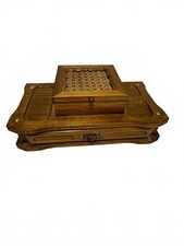 Vintage Mid Century Wooden Valet Box Dresser Organizer Cane Lid Drawer picture