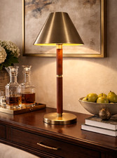 Ralph Lauren Home Brass & Leather Candlestick Buffet Lamp 30” Tall Empire Shade picture