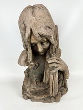 “Young Woman Playing An Instrument” Antique Terracotta Statue Bust Vintage picture