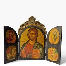 Vintage Jesus Christ Pantocrator Greek Orthodox Icons Tabletop Triptych Gilt picture