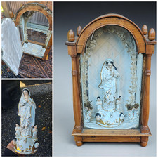 Antique 19thc wood niche chapel French porcelain madonna Angels vases rare picture