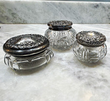Vintage Small Glass Vanity Powder Jars w/ Ornate Metal Lids, Set of 3 picture