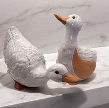 Vintage Set Of 2 White Glazed Redware Geese Ducks Red Clay Country Grandma Core picture
