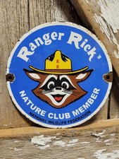 VINTAGE RANGER RICK PORCELAIN SIGN RARE OLD NATURE CLUB MEMBER SMOKEY PARK 6