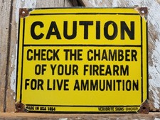 VINTAGE GUN PORCELAIN SIGN 1954 OLD CAUTION FIREARM AMMO SHOOTING RANGE picture