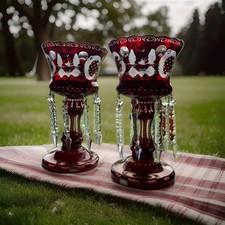 Egermann bohemian ruby red cut-to-clear glass mantle lusters w/prisms picture