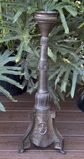 Antique 18th or 19th Century Pressed Brass Pricket Candlestick w/ Wood Log Core picture