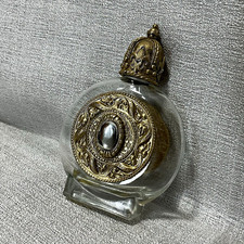 Vintage Gold Tone Crown Top Perfume Bottle Ornate Medallion Cabochon Glass Scent picture