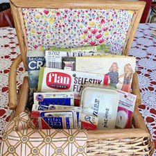 VINTAGE SEWING BASKET bundle Of Patterns , Bobbins, Sewing Tin,Snaps & More picture
