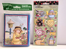 Mary Engelbreit 4 Dimensional Note Cards & 8 Teapot Cup Dimensional Stickers picture