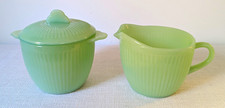 Vtg Fire King Jadeite Jane Ray Creamer And Lidded Sugar Bowl Set picture
