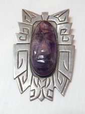 XLRG VINTAGE MEXICAN STERLING SILVER AMETHYST DECO ERA MAYAN MASK BROOCH / PIN picture