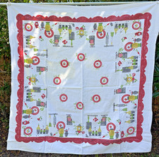 Vintage 1950s Tablecloth 45x45 Mid Century Kitchen Print Red Retro MCM picture
