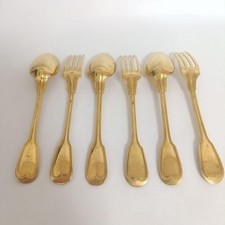Set Of 6 Christofle Dessert Spoon Fork 3 Pieces Gold Plated Chinon Vintage picture