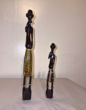 African Handmade Wooden Carved Figurine Sculptures on Bases, Pair (2) picture