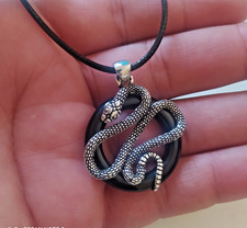 Ancient Victorian Sterling Silver Pendant Amulet Engraved Snake Black Onyx Stone picture