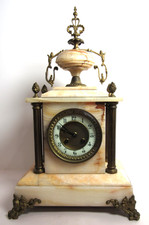 Antique French White Onyx/Marble Column Ornate Mantel Clock 8-Day, Time/Strike picture