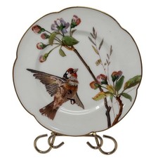 Vintage Hand Painted Porcelain Bird Sparrow Floral Scalloped Gold Rim Plate 8.5