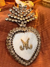 Vintage Ex Voto Sacred Heart Wall Locket Mother of Pearl Brass Rhinestone Crown picture