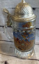 Vintage West Germany Glass Beer Stein Pewter Lid Hand Painted German Scenes 9” picture