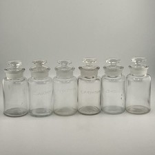 Antique Spice Jar Apothecary Lot Of 6 Empty Clear Glass Flat Caps Whitall Tatum picture
