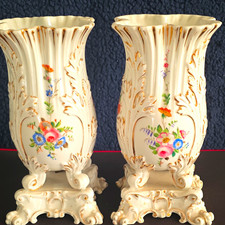 As Is Vtg Old Paris Porcelain Vases Pair 19th C Rococo Floral Mantle Repaired picture