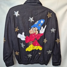VTG Fantasia Mickey Mouse Disney World Castle Modi Denim Sequin Bomber Jacket M picture