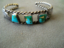 Native American Navajo Blue Green Royston Turquoise Sterlin Silver Rope Bracelet picture
