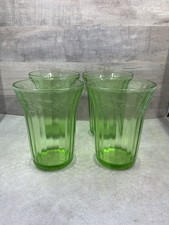 Vintage 1930s Jeannette Cherry Blossom Uranium Green Glass 8oz Tumbler Set Of 4 picture