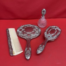 Vintage 4 Pc Ornate Silver Tone Vanity Set Mirror Brush Comb Perfume Bottle picture