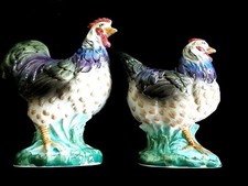 TWO 1988 MAJOLICA PORCELAIN PAIR Of HEN AND ROOSTER FIGURINES HALDON GROUP picture