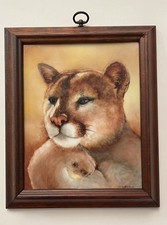 Vintage Hand-Painted Framed Tile Wall Art Cougar Portrait by W. Culbertson picture